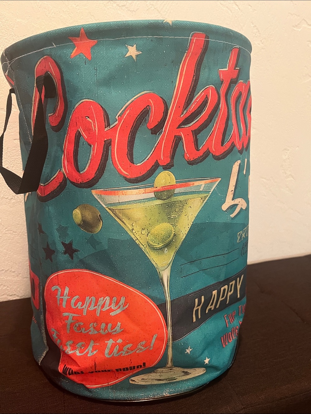 #2164**”12x18” Cocktails Laundry Basket Party Bin - Teal & Red - Picture 1 of 15